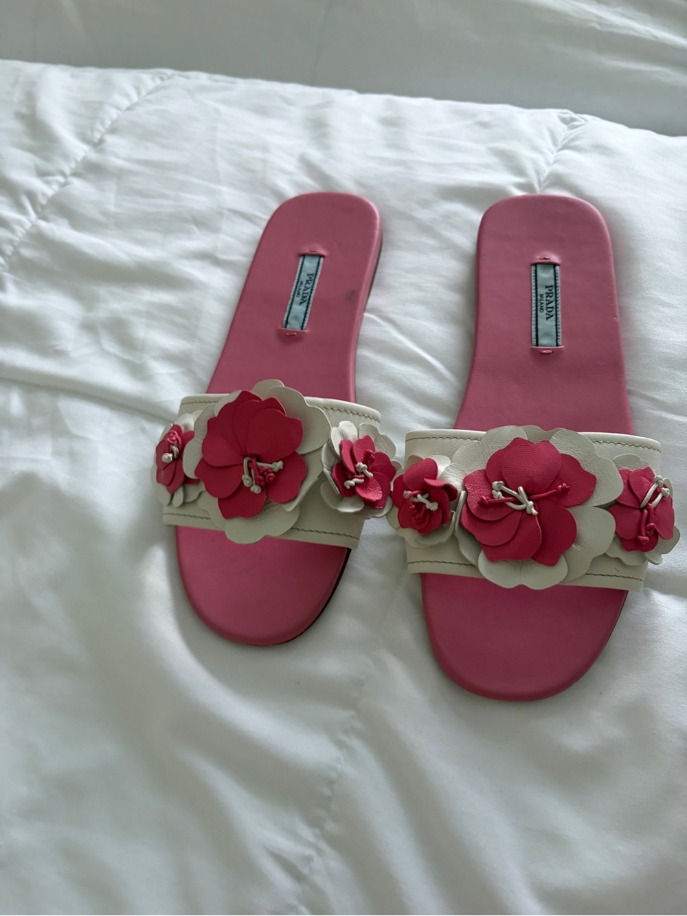 Prada Pink Slide Sandals with Cream Floral Appliqués 37